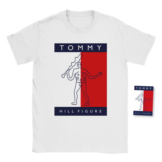 A white short-sleeve crewneck t-shirt featuring a graphic print of the 'Tommy Hill Figure' in red, white, and navy blue. A small matching graphic print is shown to the right of the t-shirt on a clean white background.